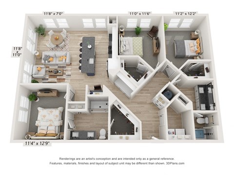 Floor plan for 3 beds, 2 baths, 1529 sqft